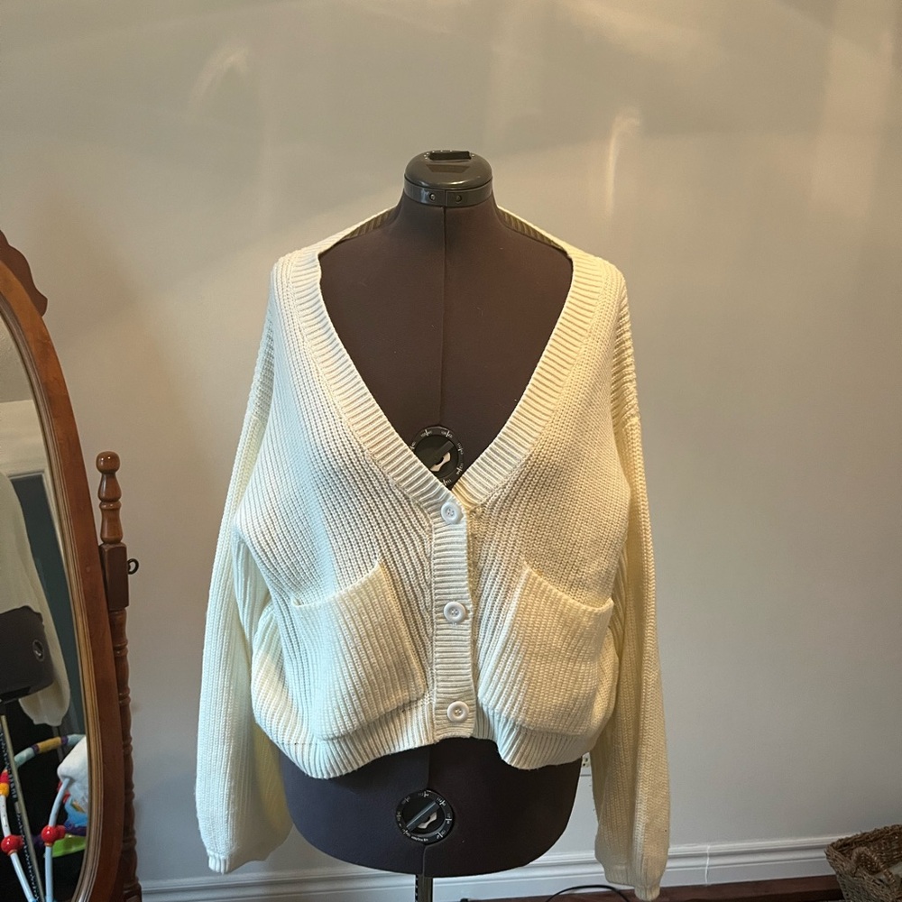 Cream V-Neck Button-Up Women's Sweater and shorts set